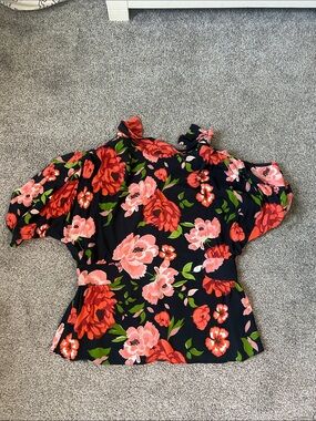 Zara Black Off-Shoulder Blouse with Pink & Red Floral Print